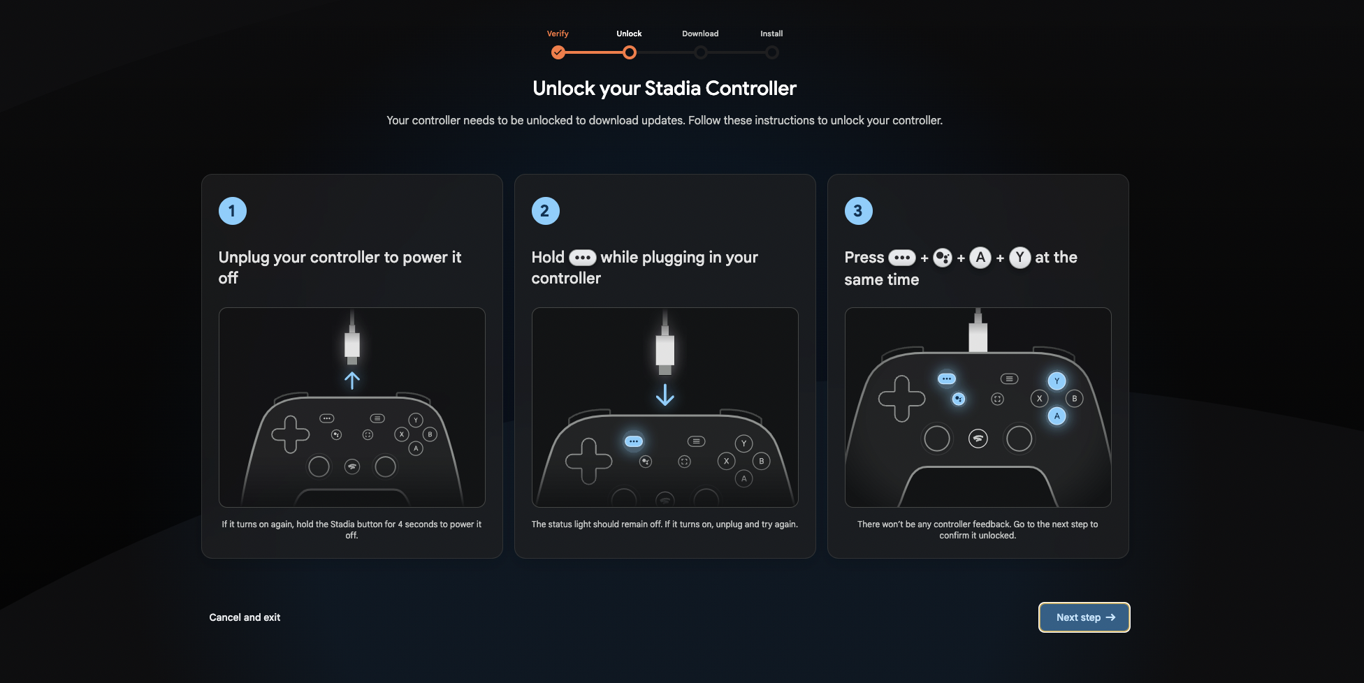 Etapas que mostram como desbloquear o controlador Stadia para ativar as atualizações de firmware: Desconecte o controlador, segure o botão Opções enquanto o conecta novamente e pressione Opções + Assistente + A + Y ao mesmo tempo para ativar o modo.