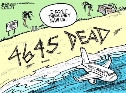 Political cartoon U.S. Puerto Rico Trump death toll hurricane Maria public attention media