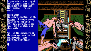 A shot from 1989's Shogun, artwork showing dying crewmen in their bunks on a ship.