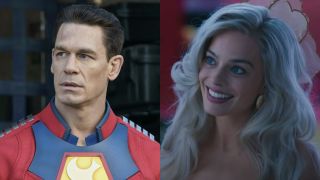 From left to right: John Cena in Peacemaker and Margot Robbie as Barbie in Barbie 
