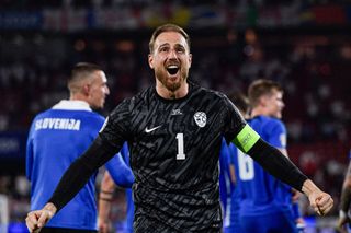 Slovenia Euro 2024 squad goalkeeper Jan Oblak of Slovenia celebrates the win during the Group C - UEFA EURO 2024 match between England and Slovenia at RheinEnergieStadion on June 25, 2024 in Cologne, Germany. (Photo by Pablo Morano/BSR Agency/Getty Images)