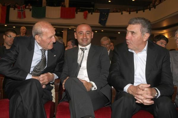 Alfredo Martini, Paolo Bettini, Eddy Merckx and Francesco Moser at the Gran Gala Ciclistico Internazionale.