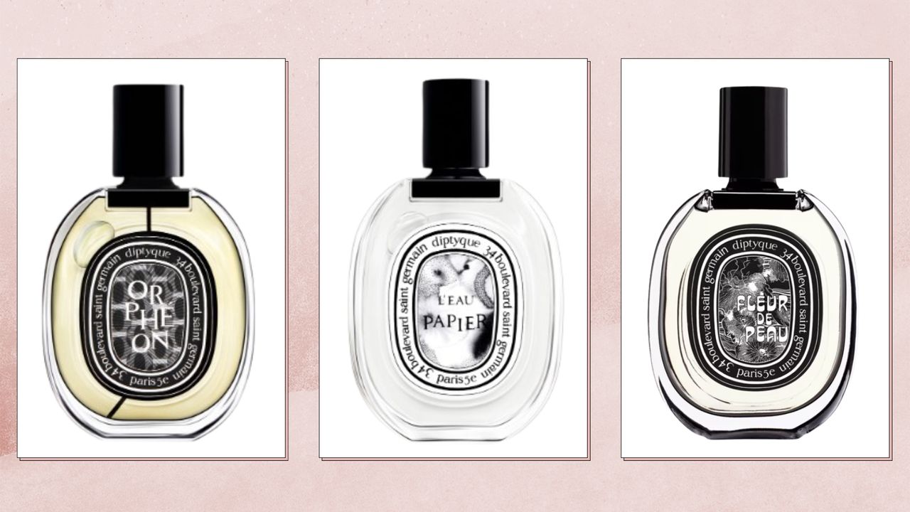 A selection of the best Diptyque perfumes including Orphéon, L&#039;eau Papier and Fleur de Peau, all of which are pictured on white backgrounds and in a pink watercolour paint-style template 