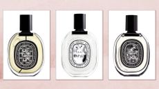 A selection of the best Diptyque perfumes including Orphéon, L'eau Papier and Fleur de Peau, all of which are pictured on white backgrounds and in a pink watercolour paint-style template 