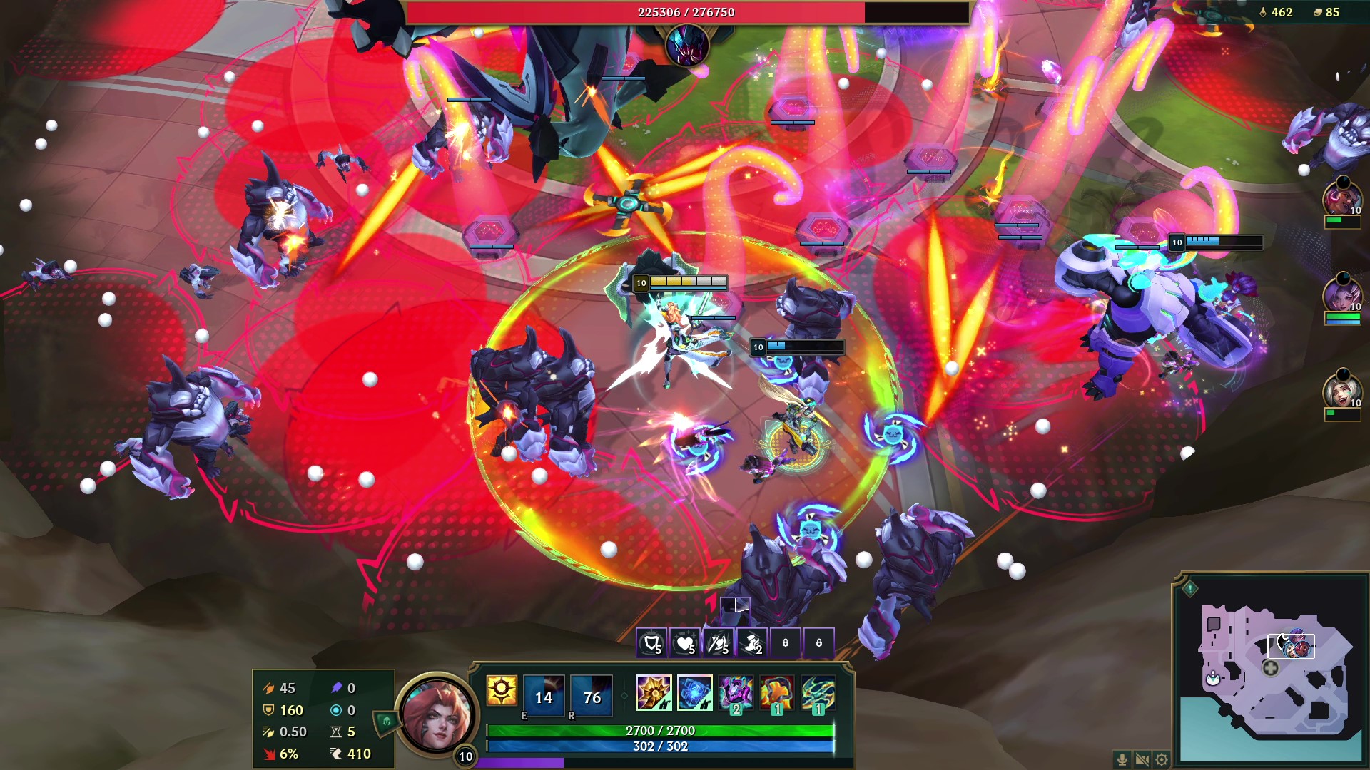 The team is wreathed in spectacular abilities in a shot from League of Legends' Swarm mode.