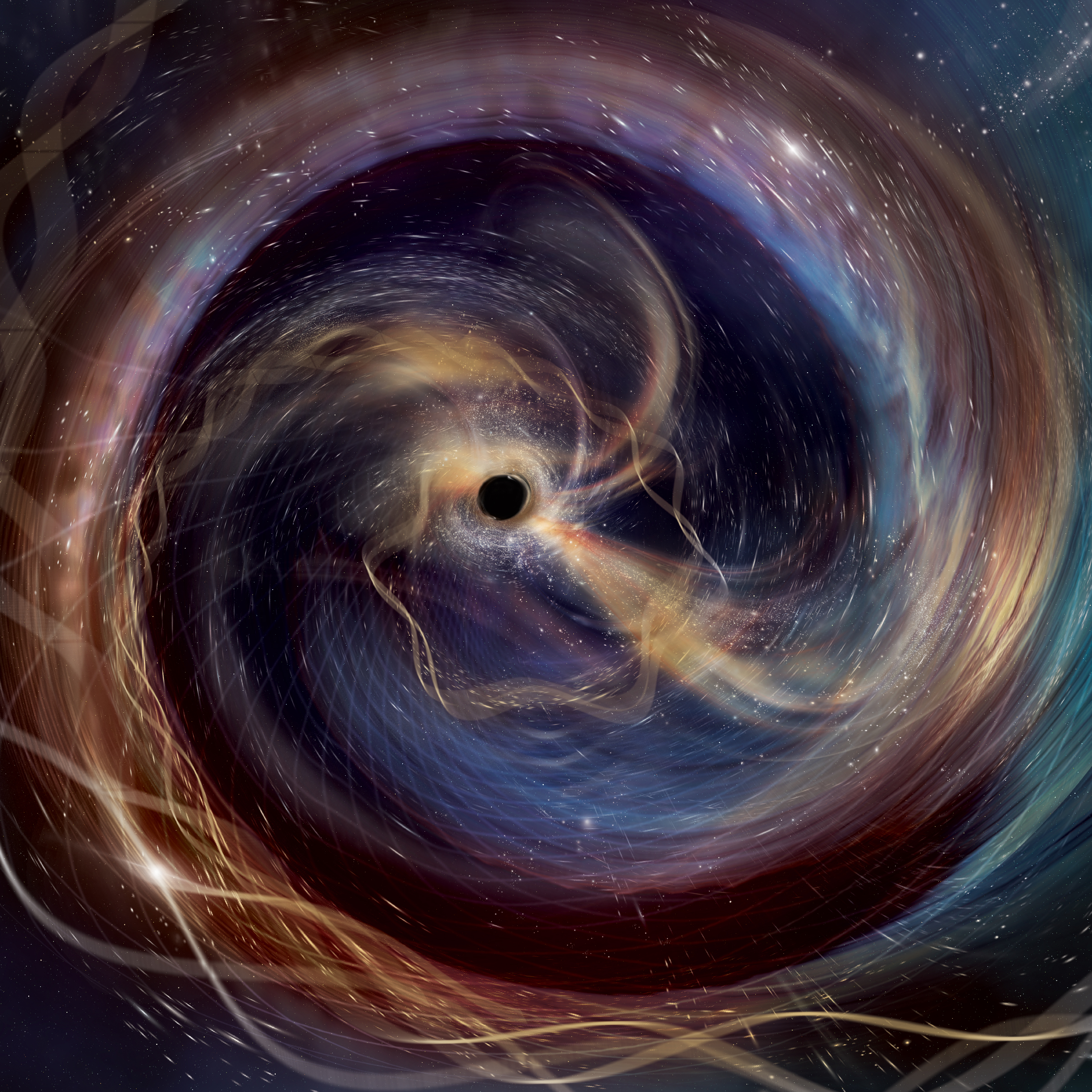 An illustration imagining the gravitational wave event that revealed two black holes combining into one even larger one.