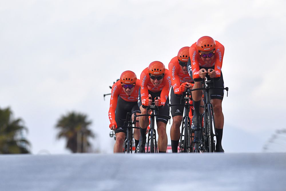 The CCC Team crests a brief rise during the Tirreno-Adriatico team time trial