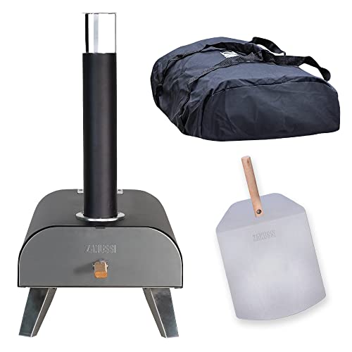 Zanussi Zpo1bpc Outdoor 12 Inch Wood Pellet Portable Wood Fired Pizza Oven With Paddle and Cover in Black, Bbq Oven & Smoker, Stainless Steel Foldable Legs