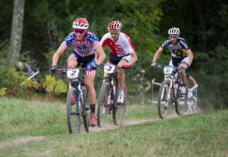 Sam Schultz (Subaru Trek) leads Todd Wells (Specialized Racing) and Derek Zandstra (Scott 3Rox Racing) after the first climb