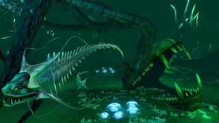 best survival games: The watery grave of a sea monster in Subnautica, surrounded by alien fish