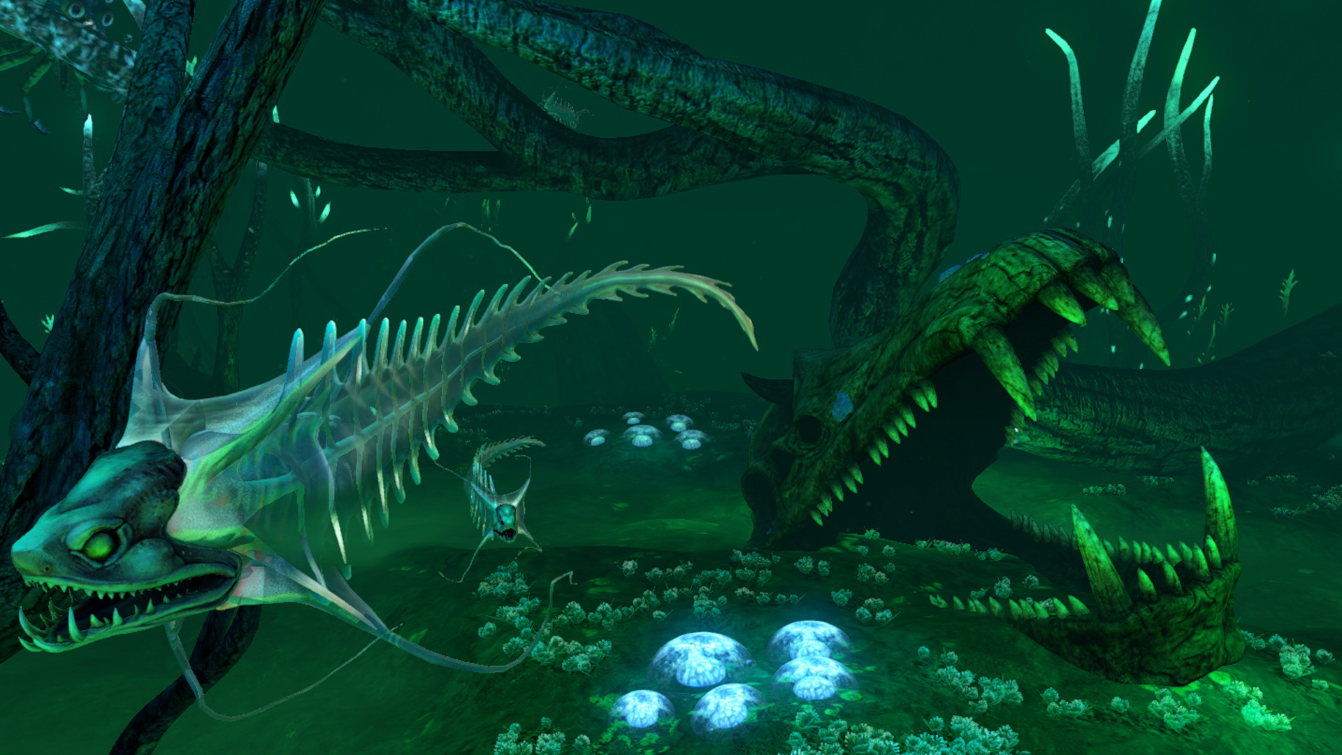 The watery grave of a sea monster in Subnautica, surrounded by alien fish