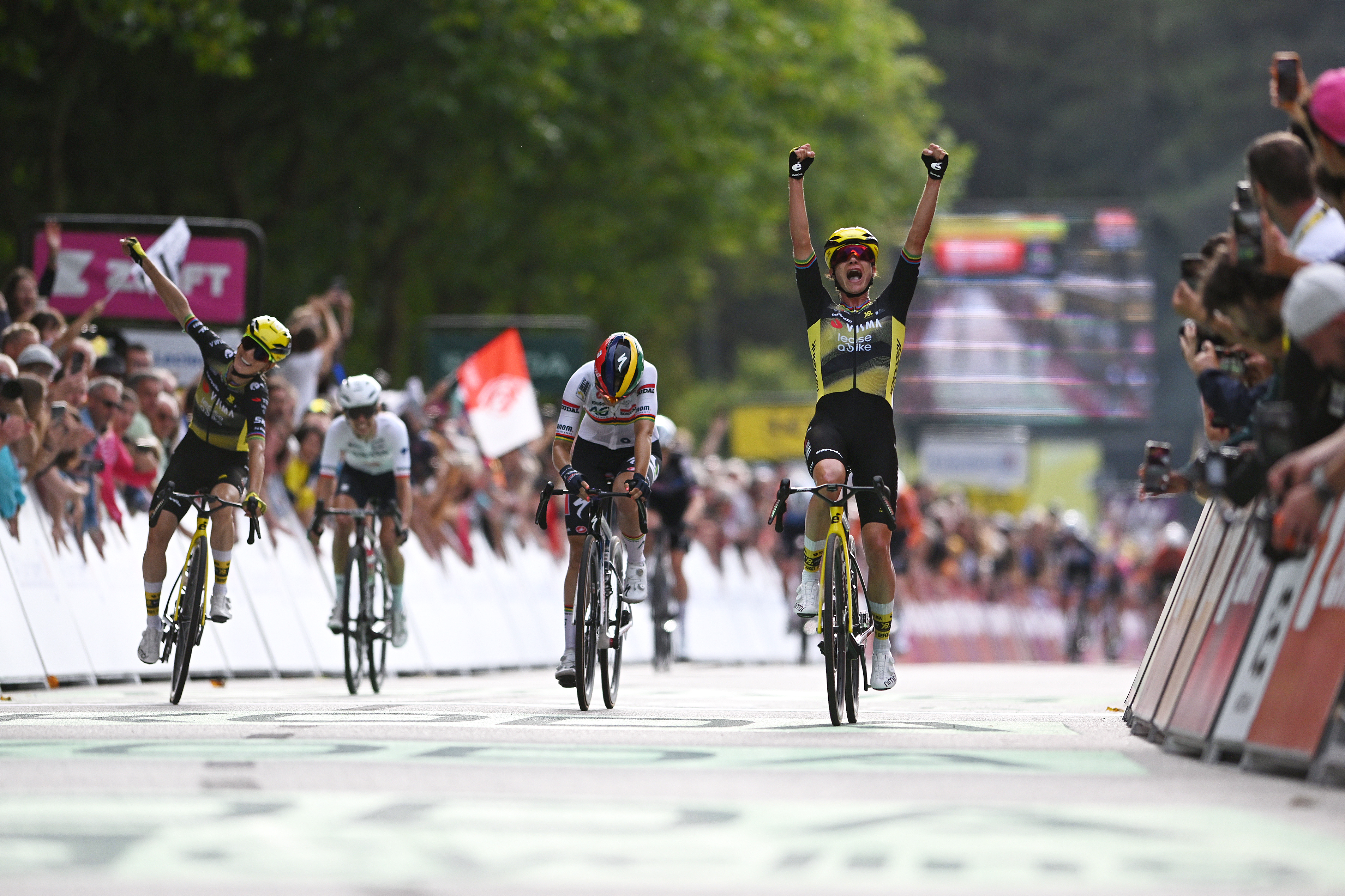 PLUMELEC, FRANCE - JULY 26: Marianne Vos of Netherlands and Team Visma | Lease a Bike celebrates at finish line as stage winner during the 4th Tour de France Femmes 2025, Stage 1 a 78.8km stage from Vannes to Plumelec / #UCIWWT / on July 26, 2025 in Plumelec, France. (Photo by Szymon Gruchalski/Getty Images)