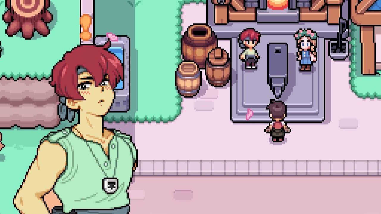 Fields of Mistria - March looks surprised and embarassed talking to Olric and the main character at the forge