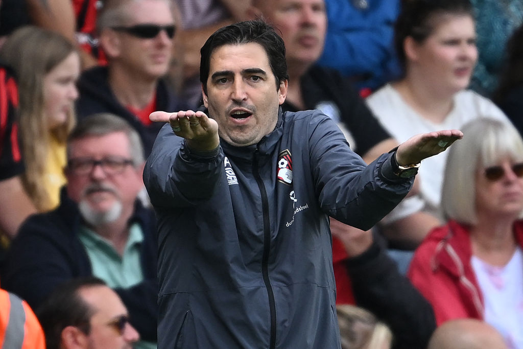 Bournemouth manager Andoni Iraola gestures during the match against Tottenham Hotspur