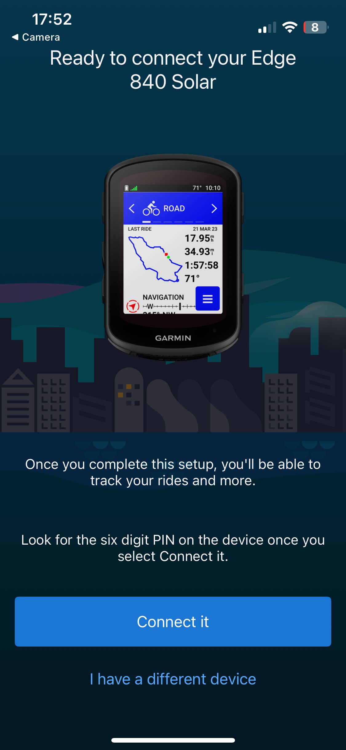 A Garmin Edge 840 setup screen