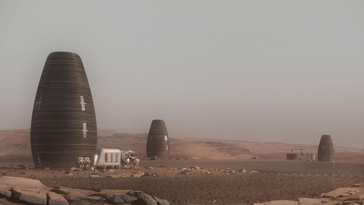 A visualization of Marsha, the winner of NASA's 3D-Printed Habitat Challenge.