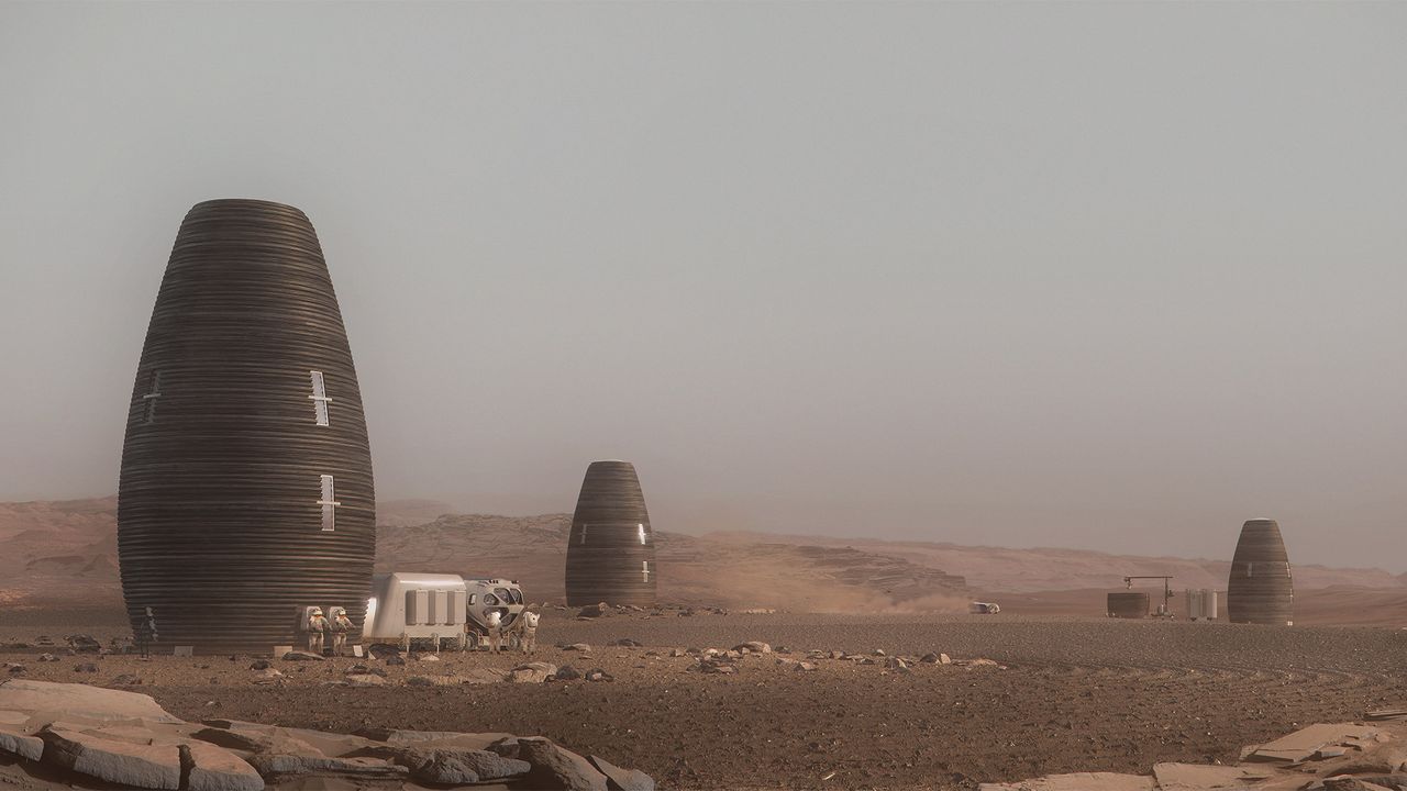 A visualization of Marsha, the winner of NASA's 3D-Printed Habitat Challenge.
