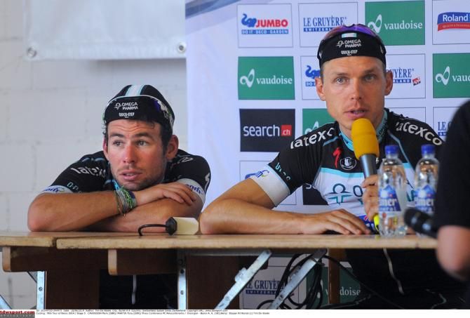 Tony Martin and Mark Cavendish face up to the media during a press conference