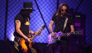 Slash (left) and Ace Frehley perform during the VH1 Rock Honors show at the Mandalay Bay Events Center on May 25, 2006 in Las Vegas, Nevada