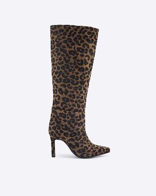 Brown Velvet Leopard High Leg Boots