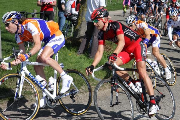 Laurens Ten Dam (Rabobank) leads Karsten Kroon (BMC Racing Team) around a corner.