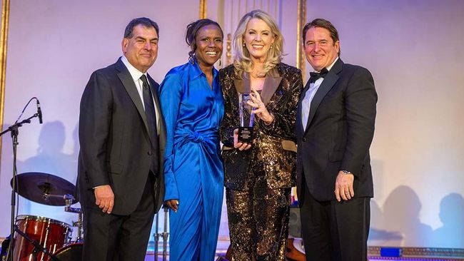 (From l.): Broadcasters Foundation of America chair Scott Herman and board member Deborah Roberts, co-anchor of 20/20 on ABC; Deborah Norville, winner of the Edward F. McLaughlin Lifetime Achievement Award; and BFOA president Tim McCarthy at the group&rsquo;s gala fundraiser in New York.
