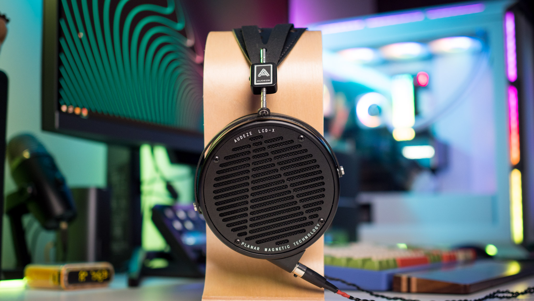 Side view of Audeze LCD-X on headset stand