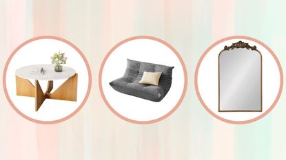Wayfair sale items including a coffee table, couch, and mirror on a pastel-colored background