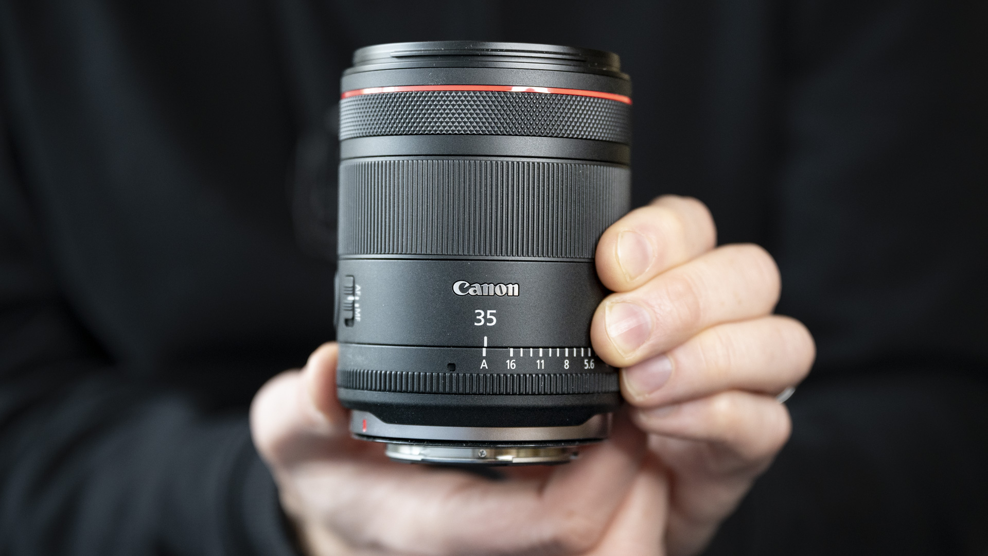The Canon RF 35mm F1.4 lens in the hand