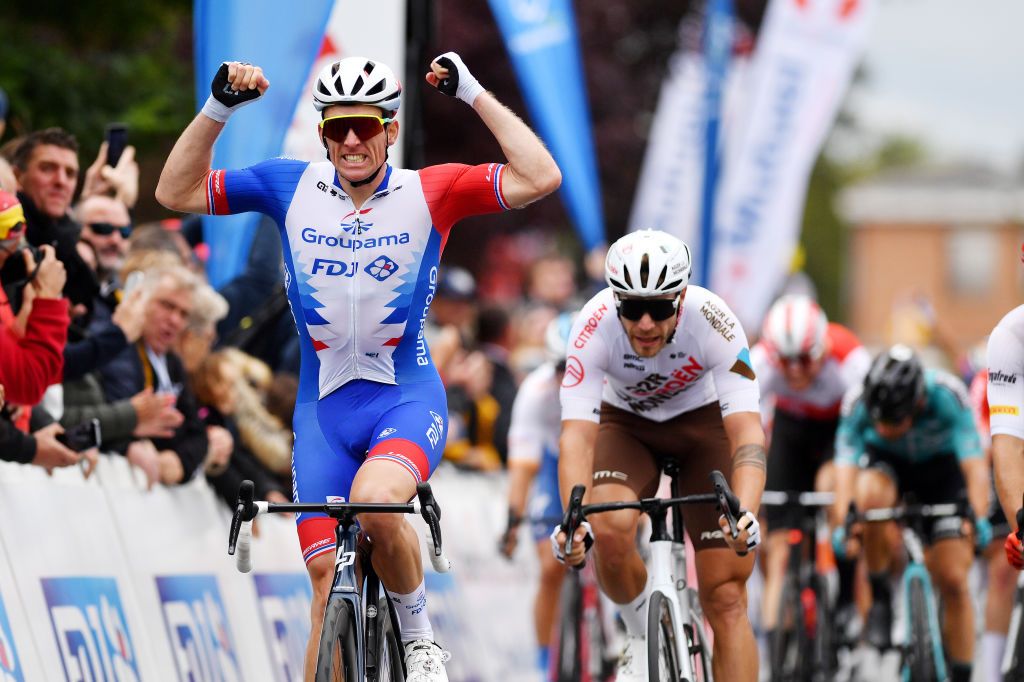 ISBERGUES FRANCE SEPTEMBER 18 Arnaud Demare of France and Team Groupama FDJ celebrates winning during the 76th Grand Prix dIsbergues Pas de Calais 2022 a 1976km one day race from Isbergues to Isbergues GPIsbergues on September 18 2022 in Isbergues France Photo by Luc ClaessenGetty Images