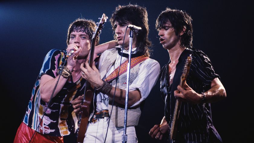 Mick Jagger, Ron Wood, and Keith Richards onstage in 1987 