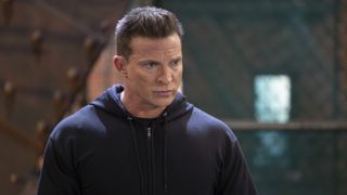 Steve Burton as Jason in all black hoodie in General Hospital