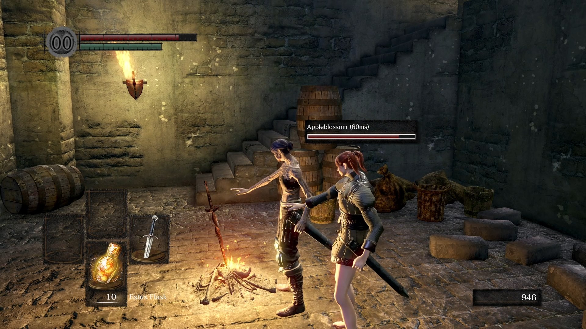 Two characters in Dark Souls Remastered using the Seamless co-op mod stand in a dark room around a bonfire