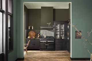 Dark grey kitchen through an alcove with green walls