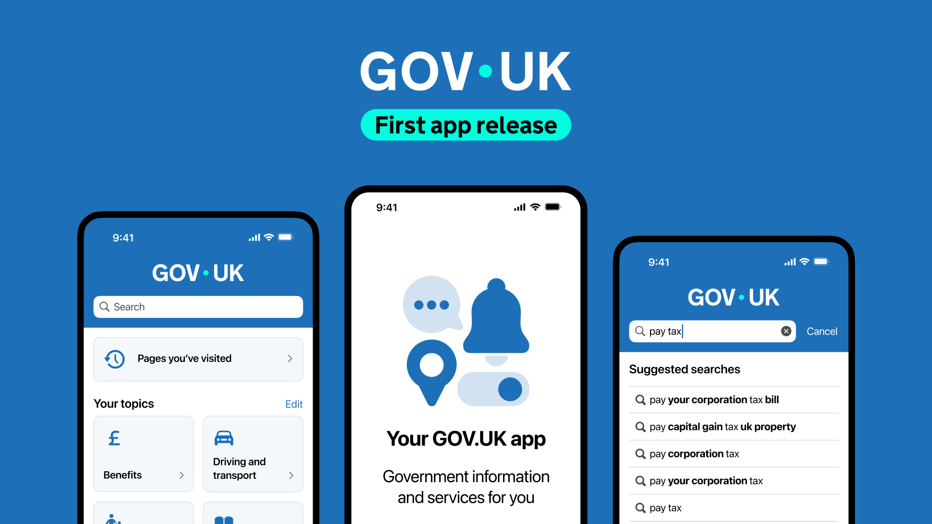 Multiple screenshots of the Gov.uk app