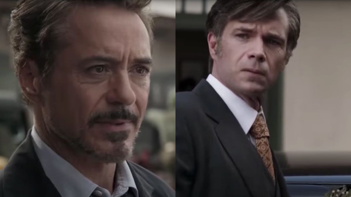 Side-by-side photos of Tony Stark (Robert Downey Jr.) and Edwin Jarvis (James D&#039;Arcy) in Avengers: Endgame