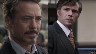 Side-by-side photos of Tony Stark (Robert Downey Jr.) and Edwin Jarvis (James D'Arcy) in Avengers: Endgame