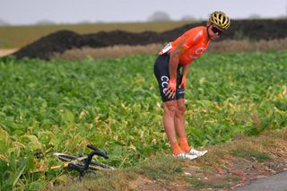 WAVRE BELGIUM AUGUST 17 Greg Van Avermaet of Belgium and CCC Team Crash Injury during the 41st Tour de Wallonie 2020 Stage 2 a 1723km stage from Frasnes Lez Anvaing to Wavre TourdeWallonie TRW2020 on August 17 2020 in Wavre Belgium Photo by Luc ClaessenGetty Images