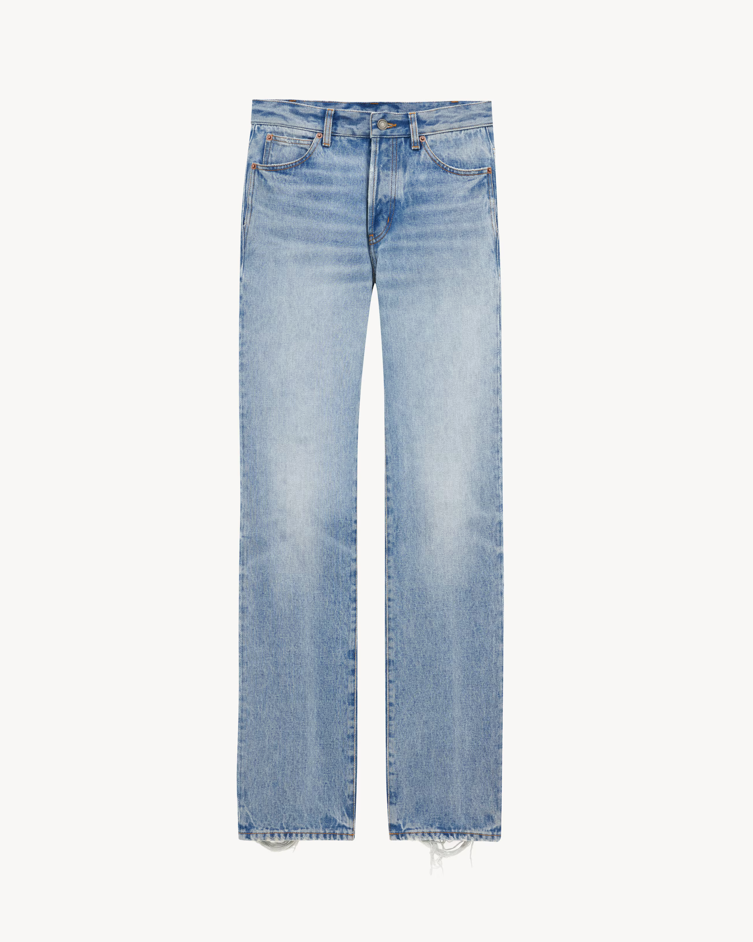 A pair of raw hem straight leg jeans.