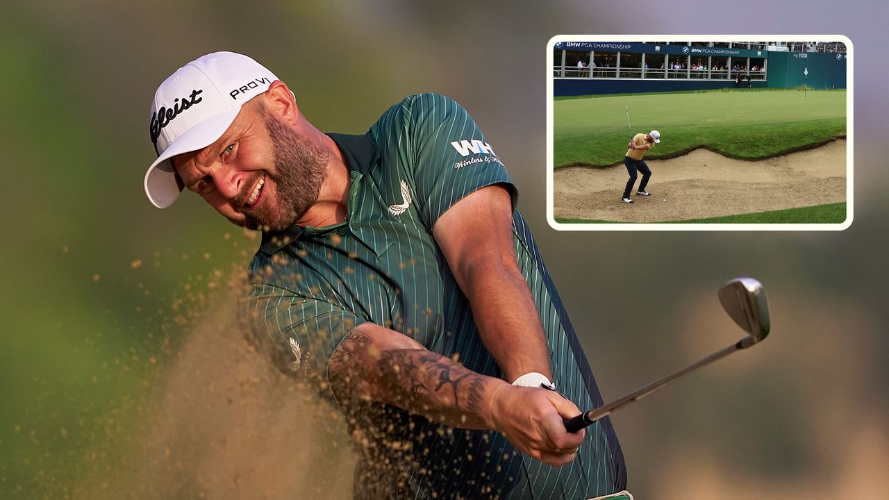 Bunker shot tips: Andy Sullivan hitting bunker shots, once close up of his upper body and one further away as an inset image 