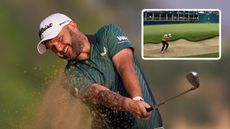 Bunker shot tips: Andy Sullivan hitting bunker shots, once close up of his upper body and one further away as an inset image 