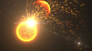 A simulation of an enormous solar flare and coronal mass ejection (CME) blasting out of the sun. Such a storm may have contributed to the rise of life on Earth, new research suggests.