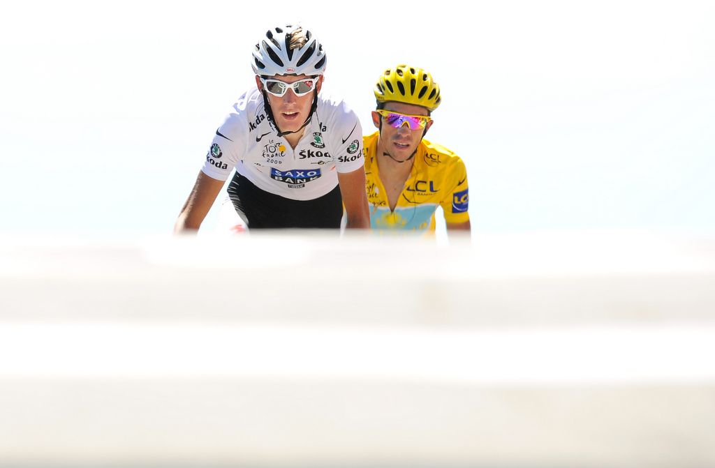 Andy Schleck led Alberto Contador over the line during the 2009 Tour de France with the Spaniard holding on for his second overall victory
