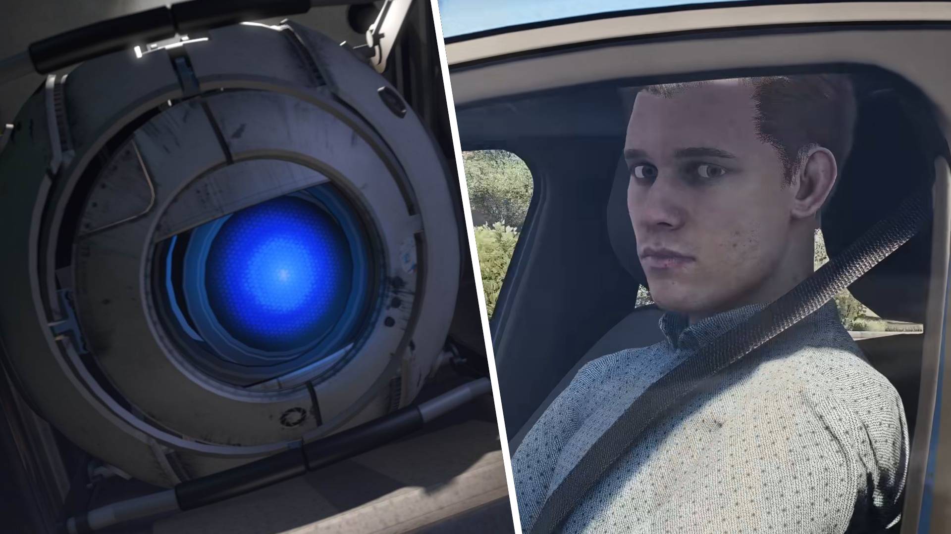 Left: Wheatley from Portal looking suspicious. Right: Rideshare Stimulator guy looking circumspect.