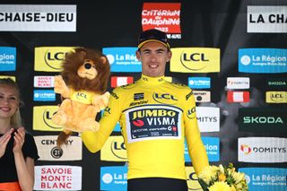 LA CHAISEDIEU FRANCE JUNE 05 Christophe Laporte of France and Team JumboVisma Yellow Leader Jersey celebrates at podium during the 75th Criterium du Dauphine 2023 Stage 2 a 1673km stage from BrassaclesMines to La ChaiseDieu 1080m UCIWT on June 05 2023 in La ChaiseDieu France Photo by Dario BelingheriGetty Images