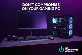 Promotional graphic with gaming PC and accessories