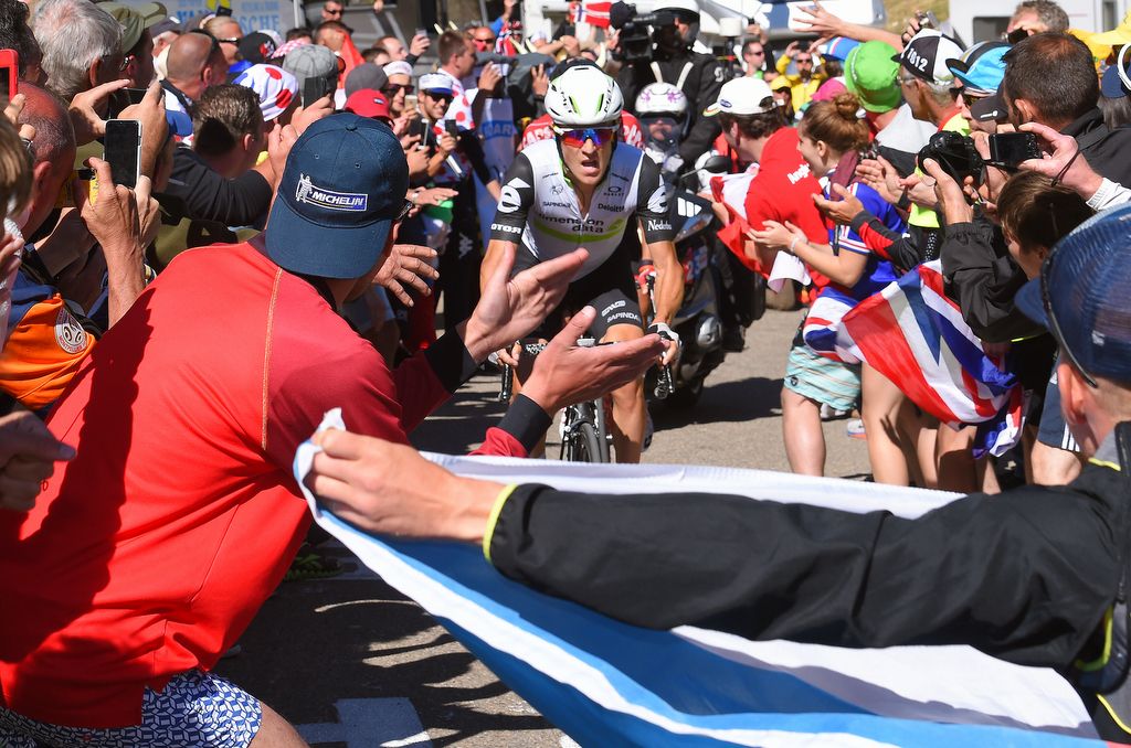 Serge Pauwels struggles to get ride through the crowds on the climb to Mont Ventoux