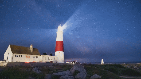 Time-lapse astrophotography tips: Image shows night sky and light house