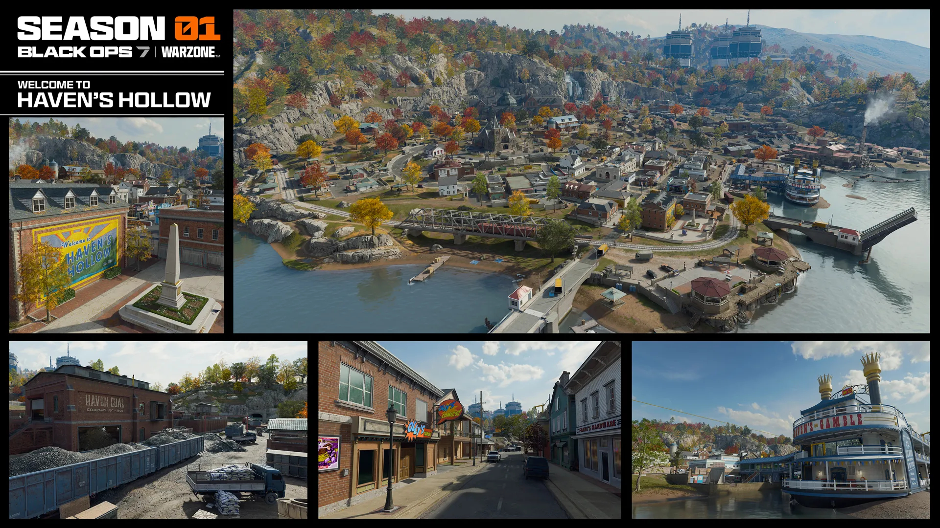 Black Ops 7 Season 1: An overview image of the new Haven's Hollow Warzone map, showing multiple different locations.