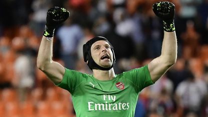 Petr Cech celebrates Arsenal’s victory over Valencia in the Uefa Europa League semi-finals 